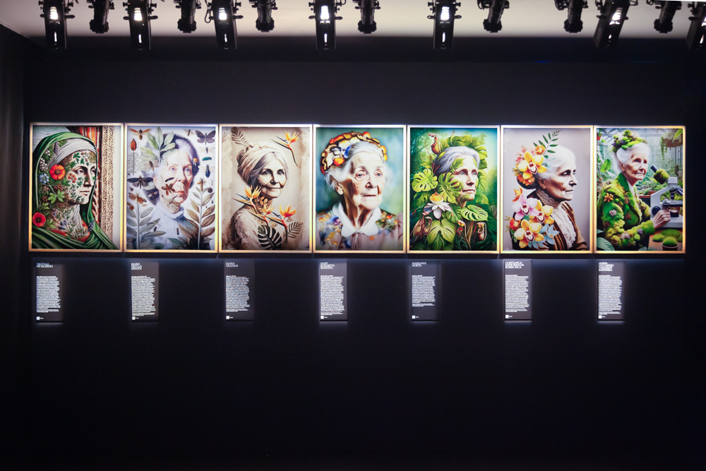 Sete retratos de mulheres combinados a elementos botânicos, com textos explicativos abaixo.